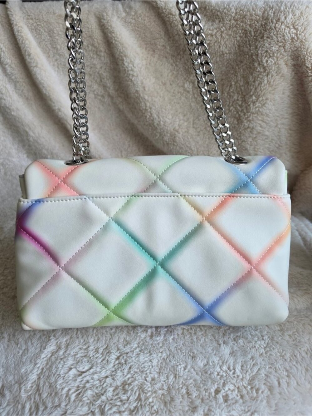 Multicolor Quilted Crossbody Bag White Pastel Rainbow Flap Bag Faux Leather - Picture 2 of 15